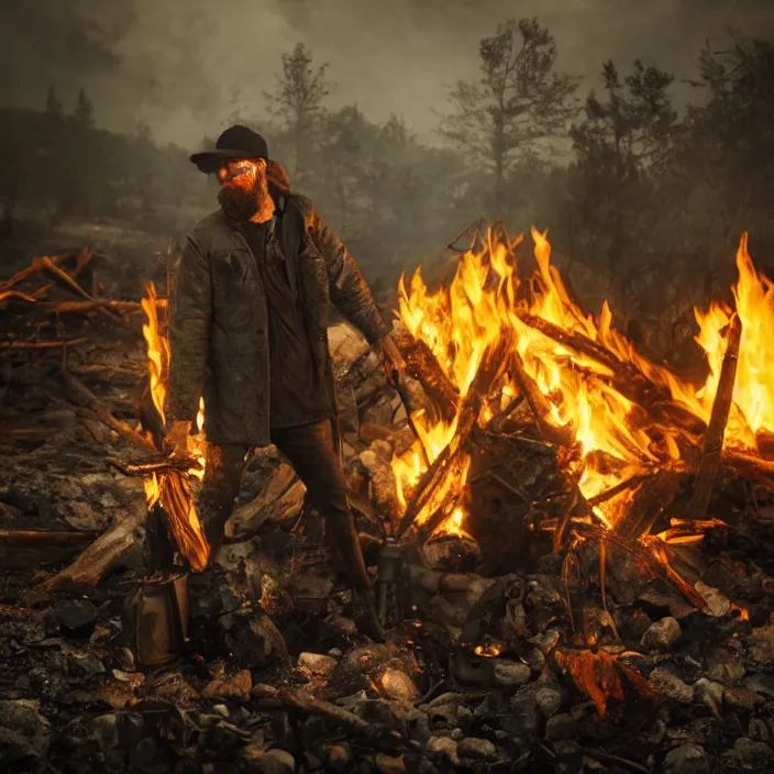 Image similar to gritty apocalyptic man smirking while dumping gas on a camp - fire, octane render, 4 k ultra hd, hyper - detailed, realistic, seedy lighting, sharp focus, fantasy dark art