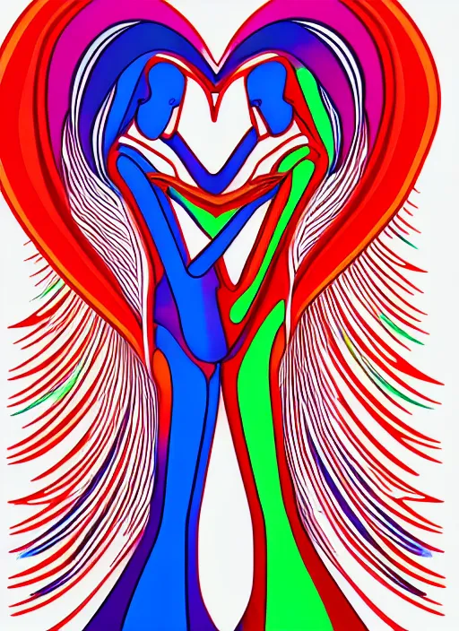 Image similar to 1 px color ink art by santiago calatrava, perfectly centered symmetrical balanced male and female portrait of man and woman in love sharing one heart. high coherence ; fractal geometrical 8 k ultra hd