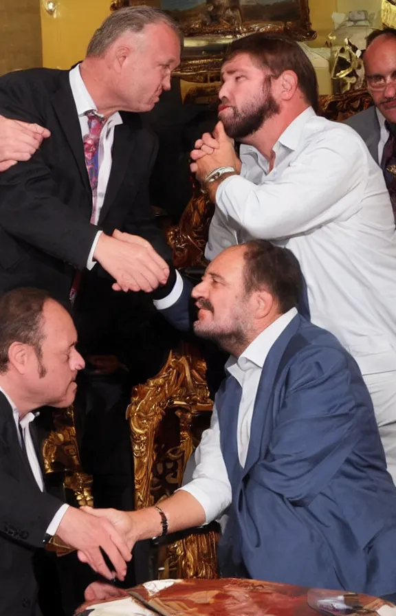 Image similar to jose antonio kast kissing the hand of gabriel boric