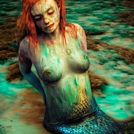 Image similar to a sad mermaid covered in toxic glowing sludge, wildlife photography, ultra realistic, intricate details, highly detailed, photorealistic, 8 k