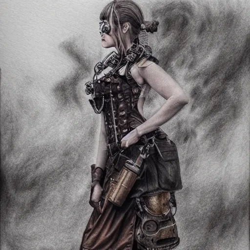 Image similar to hyper realistic full body pencil drawing of a woman steampunk facing the camera, standing on a road, water color, detailed, diffused, intricate,