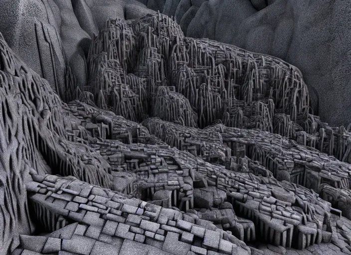 Image similar to the mines of moria. dwarven architecture carved out of the interior of a mountain. light from rivers of molten iron. immense open cavern with many levels of walkways spanning the void, stairs. drums in the deep. kingdom of dwarves. statues, geometric knot carvings, squared basalt support columns, photorealistic, 8 k, octane render