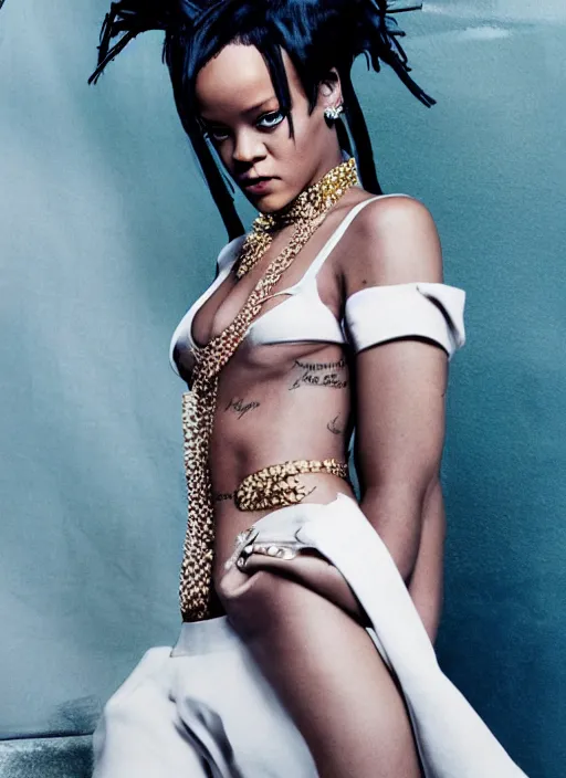 Image similar to rihanna styled by nick knight posing in an expensive mansion setting, vogue magazine, highly realistic. high resolution. highly detailed. dramatic. 8 k. 4 k.