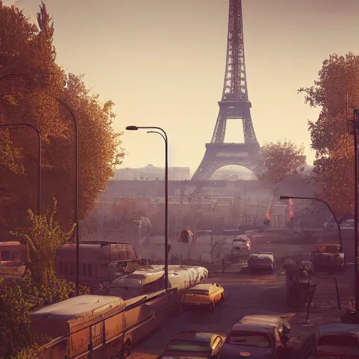 Prompt: post apocalyptic Paris with Eiffel tower, artstation, concept art, unreal engine, 8k, photorealistic