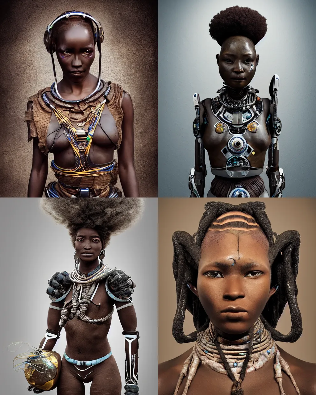 Image similar to beautiful afrofuturistic himba women, otjize, led detailed spacesuit, himba hairstyle, robotic arms, hyperrealistic, scifi, retouched photograph, dark, muted colors