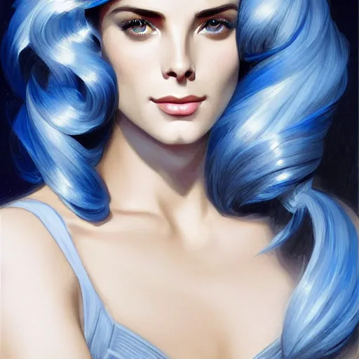 Image similar to Ashley Greene's face combined with Grace Kelly's face with blue hair as a Space Marine, western, D&D, fantasy, intricate, elegant, highly detailed, digital painting, artstation, concept art, matte, sharp focus, illustration, art by Artgerm and Greg Rutkowski and Alphonse Mucha