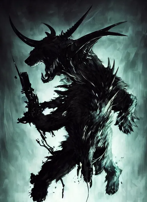 Prompt: A horned bear spirit with sharp claws. In style of Yoji Shinkawa and Hyung-tae Kim, trending on ArtStation, dark fantasy, great composition, concept art, highly detailed.