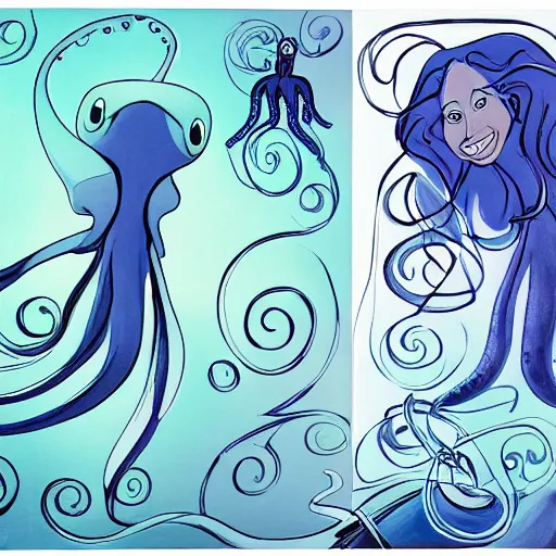 Prompt: a cartoon character of a human - octopus, character - portrait, ursula the sea witch, by glen keane, disney