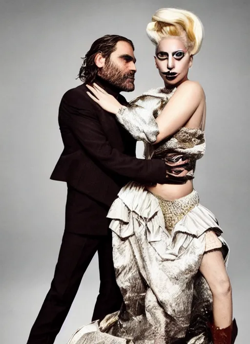 Image similar to lady gaga and joaquin phoenix styled by nick knight posing, full body shot, set pieces, intricate set, vogue magazine, canon, highly realistic. high resolution. highly detailed. dramatic. 8 k. 4 k.