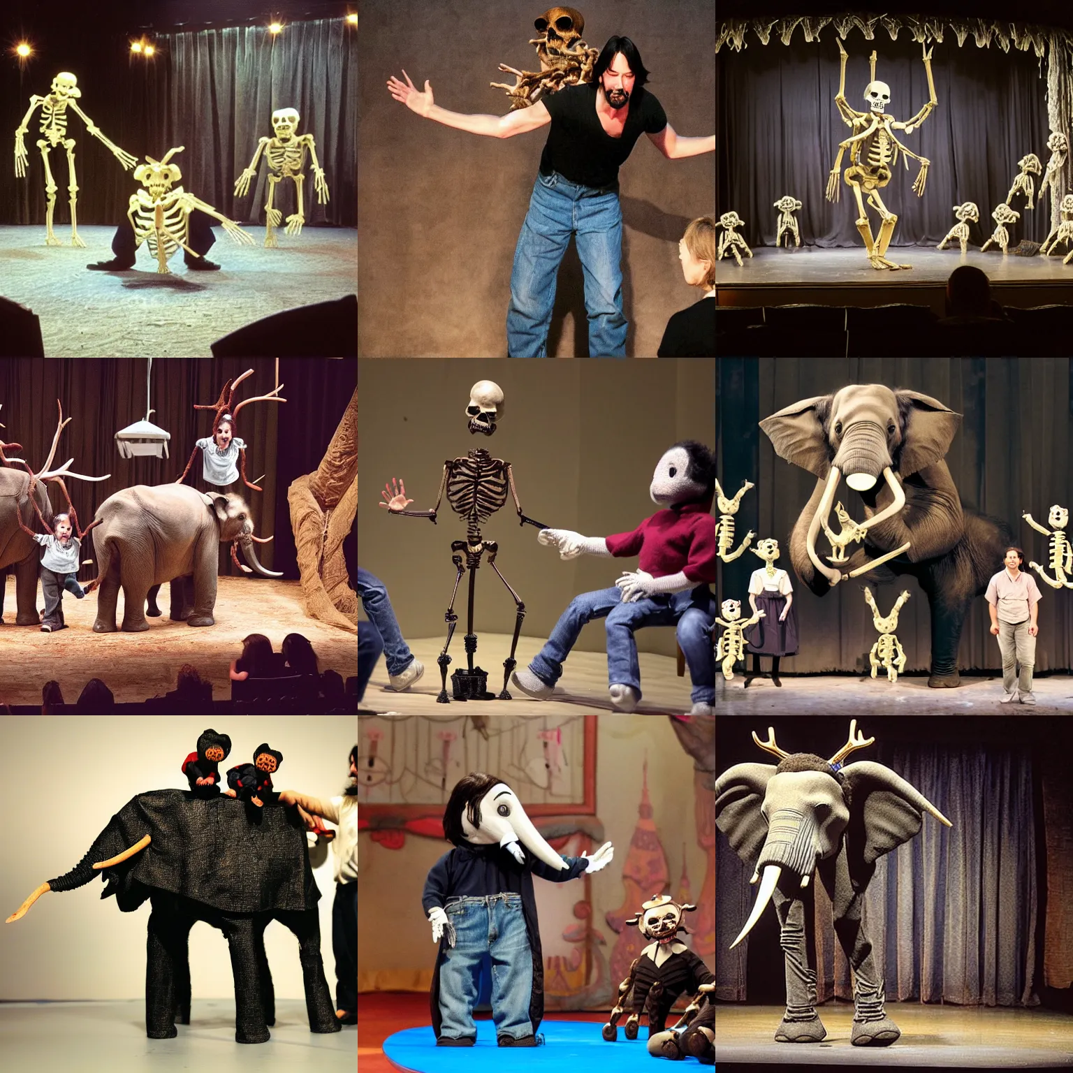 Prompt: a stage performance featuring a live elephant, a choir of bees, a puppet operated by keanu reeves skeleton dancers, a baby with antlers, keanu is a puppet operated by me, the theatre is buffering, the audience is hovering, the stage is made of little pieces of jeans, the interval snack is the concept of sadness served by an animate sneeze