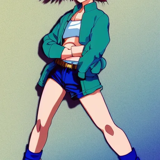 Image similar to a beautiful! boyish! natalie portman bulma from dragonball, alluring gravure! model, wearing hip hop mayan bomber jacket and leotard with native style overalls, bulky poofy bomber jacket with mayan patterns, guilty gear art style, trending on pixiv, painted by makoto shinkai takashi takeuchi studio ghibli, akihiko yoshida