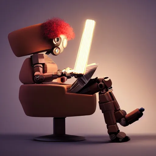 Prompt: futuristic lonely matte brown and red full-body humanoid robot with huge round expressive sad LED eyes and open rectangular mouth sitting on a large comfortable cushioned vintage recliner reading a newspaper. Cinematic Lighting, Cinematic Movie Photograph, Arri Alexa, Extremely Detailed, smooth, very very clean, 8K, octane render, maya render, unreal engine, trending on artstation, DSLR, excellent composition, moody