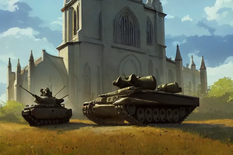 Image similar to a tank with a church as tanktower, scene in an open field. key visual, conceptart, ambient lighting, highly detailed, digital painting, artstation, concept art, sharp focus, by makoto shinkai and akihiko yoshida and greg manchess