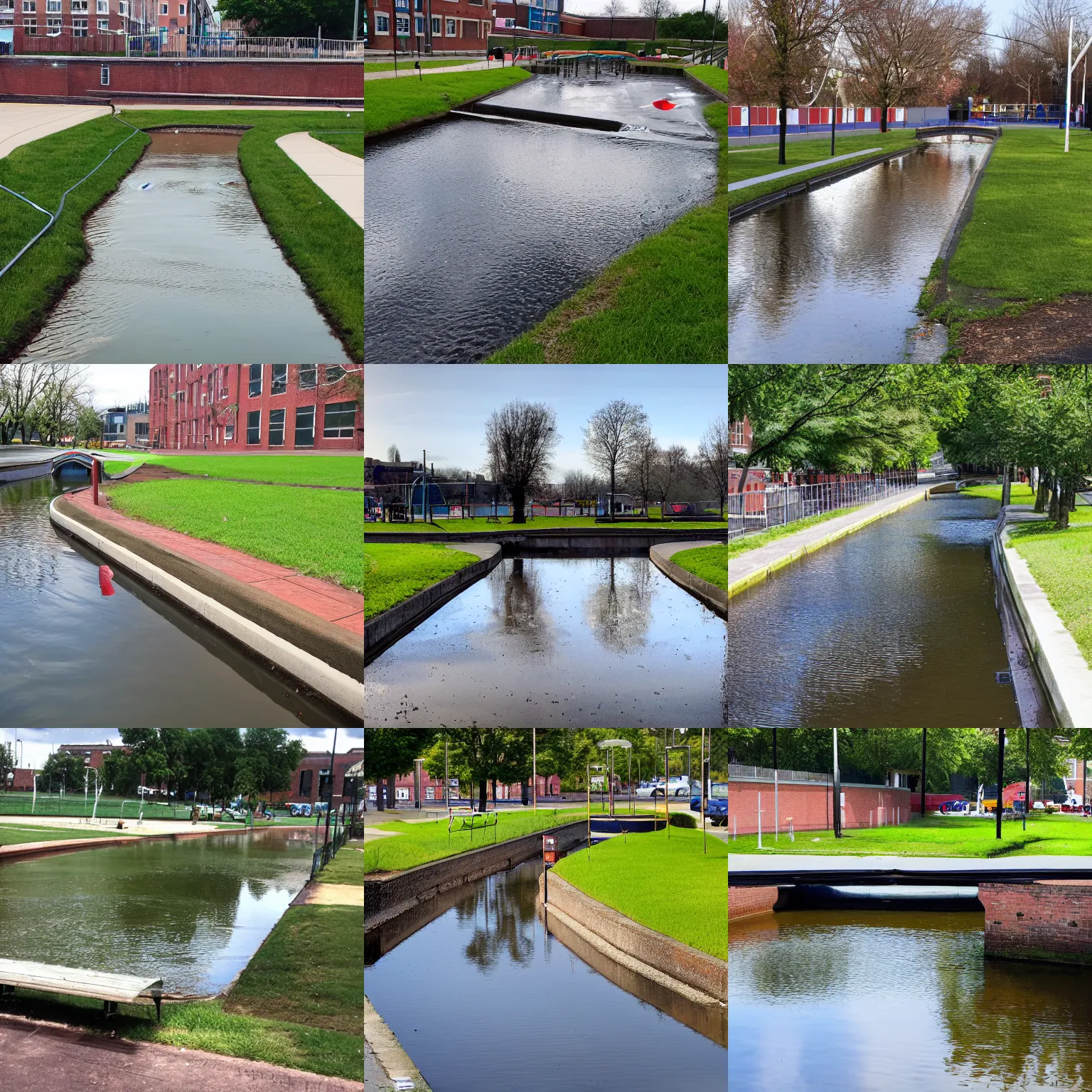 Prompt: A canal in a high school playground