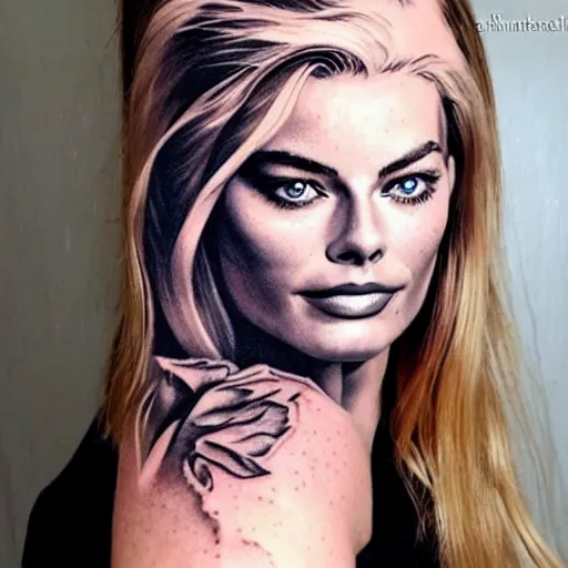 Image similar to face morph tattoo design sketch of margot robbie blended in beautiful mountain scenery, in the style of arlo dicristina, amazing detail