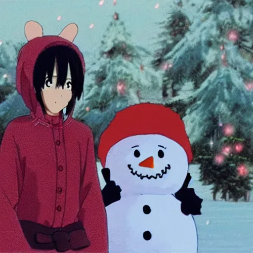 Image similar to an anime character wearing a snowman onsie, film by studio ghibli