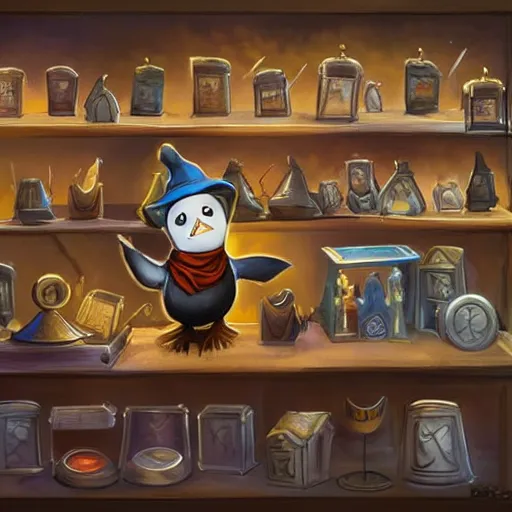 Prompt: Magic the gathering artwork of Anthropomorphized penguin shopkeeper in his shop, shelves full, selling a gem, portrait, items, magic potions, specimens in glasses, carpet, window, fancy funny hat, sly expression , cunning expression, cute expression, presenting magic gem, D&D, fantasy, cinematic lighting, highly detailed, digital painting, artstation, concept art, smooth, sharp focus, illustration, warm light, cozy warm tint, magic the gathering artwork, volumetric lighting, 8k, no gold, no gold colours, art by Akihiko Yoshida and Greg Rutkowski