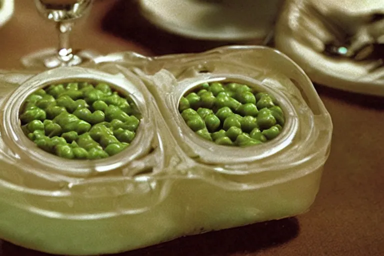 Image similar to tuna and peas aspic in cyberspace, in 1 9 9 5, y 2 k cybercore, industrial low - light photography, still from a ridley scott movie