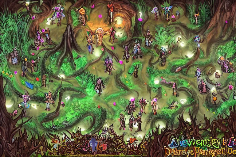Image similar to a party of adventurers traveling through the dark and dangerous magical forest where hidden dangers and creatures hide behind every tree