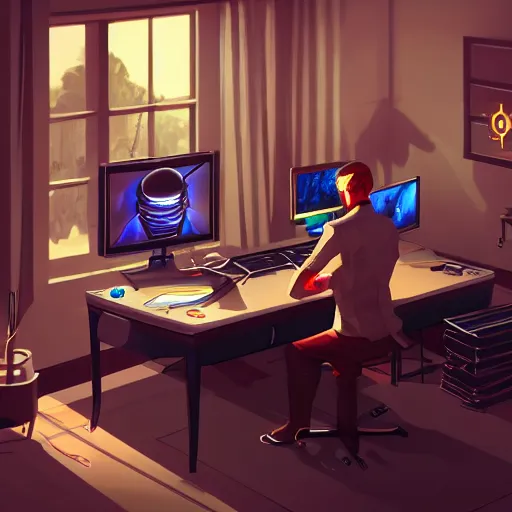 Image similar to realistic rich man using laptop in gaming room, artstation trends, future concept art, highly detailed, intricate, sharp focus, digital art, 8 k