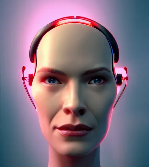 Image similar to portrait of a cyborg taking off her human mask, revealing circuits and wires, octane render, alex ross