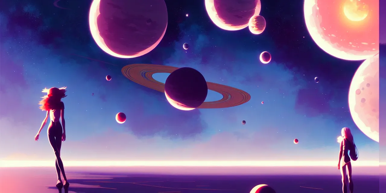 Image similar to girl in space, floating beside planets, dynamic composition, detailed designs, digital painting, 4 k, by ilya kuvshinov, by greg rutkowski, atmospheric lighting