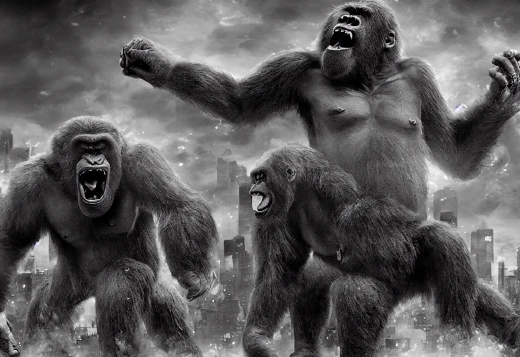 Prompt: An king Kong rage on street, Hollywood scene , cinematic , 2012, end of the world movie , full color