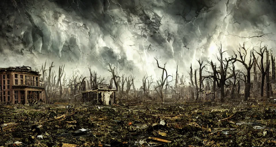 Prompt: backround of long abandoned city with foreground of a tornado 7 foot tall sparsely populated with oak leaves next to a tornado 7 foot tall sparsely populated with recently censored words and ideas