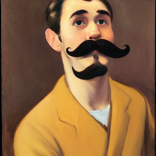 Image similar to a brown haired man with a mustache staring deeply at camera, detailed, edward hopper,