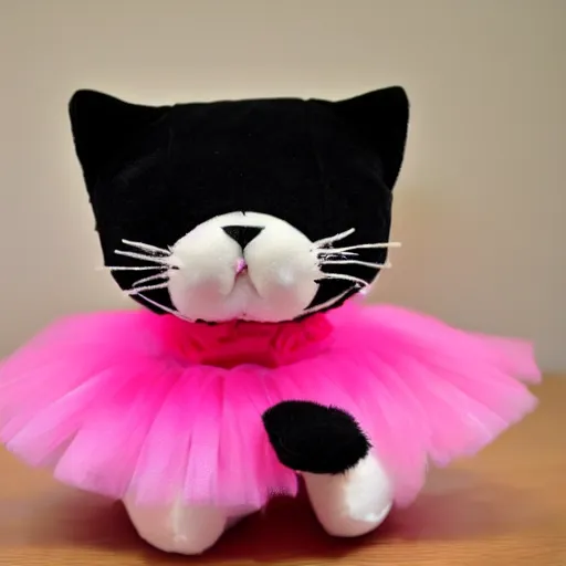 Image similar to a plush toy cat wearing a pink ballerina costume, 4 k