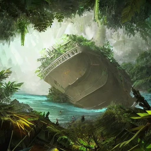 Prompt: Wrecked ship on the top of jungle trees, 8k, detailed, concept art, trending on artstation