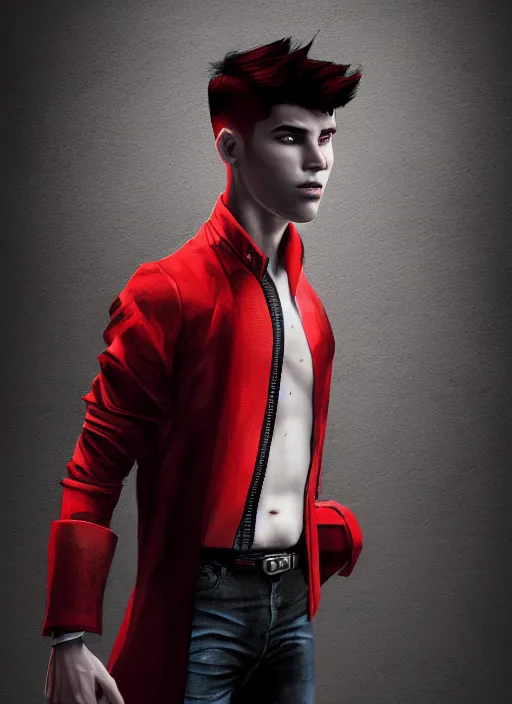 Image similar to An epic fantasy comic book style portrait painting of a young man with black and red undercut haircut, wearing a red shirt, black overcoat, blue jeans. Unreal 5, DAZ, hyperrealistic, octane render, cosplay, RPG portrait, dynamic lighting