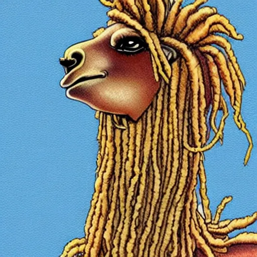 Prompt: llama with dreadlocks, heroic pose, by Katsuhiro Otomo, detailed, with beautiful colors, artstation