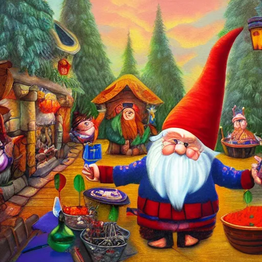 Prompt: gnome party before sunrise, a detailed painting by Meno Mühlig