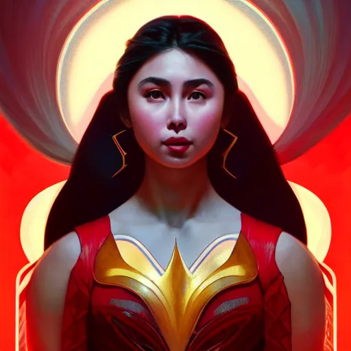 Image similar to julia barretto as darna, volumetric lights, red and cyan theme, art nouveau botanicals, intricate, highly detailed, digital painting, artstation, concept art, smooth, sharp focus, cinematic, illustration, beautiful face, art by artgerm and greg rutkowski and alphonse mucha