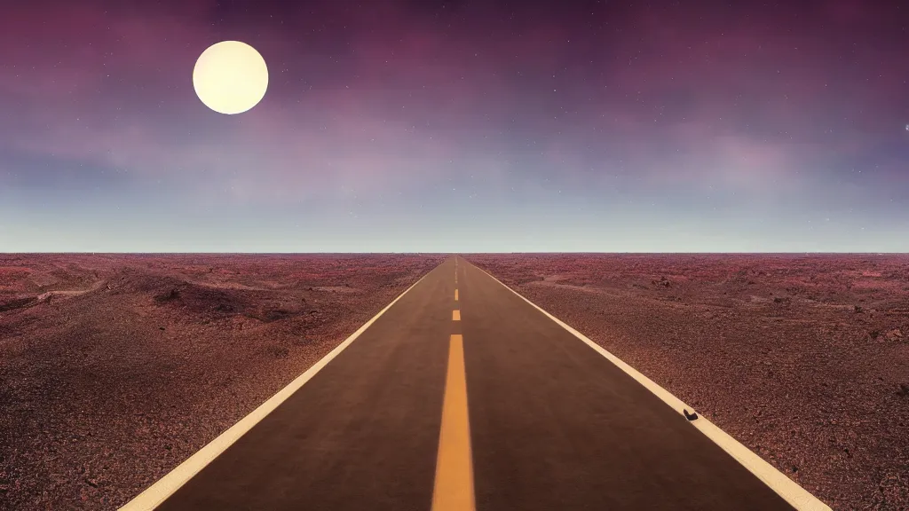 Prompt: a picture of a road in the middle of the purple desert. sky is very clear and blue. a planet is seen rising from the horizon. an ambient occlusion render, space art, terragen, sci - fi