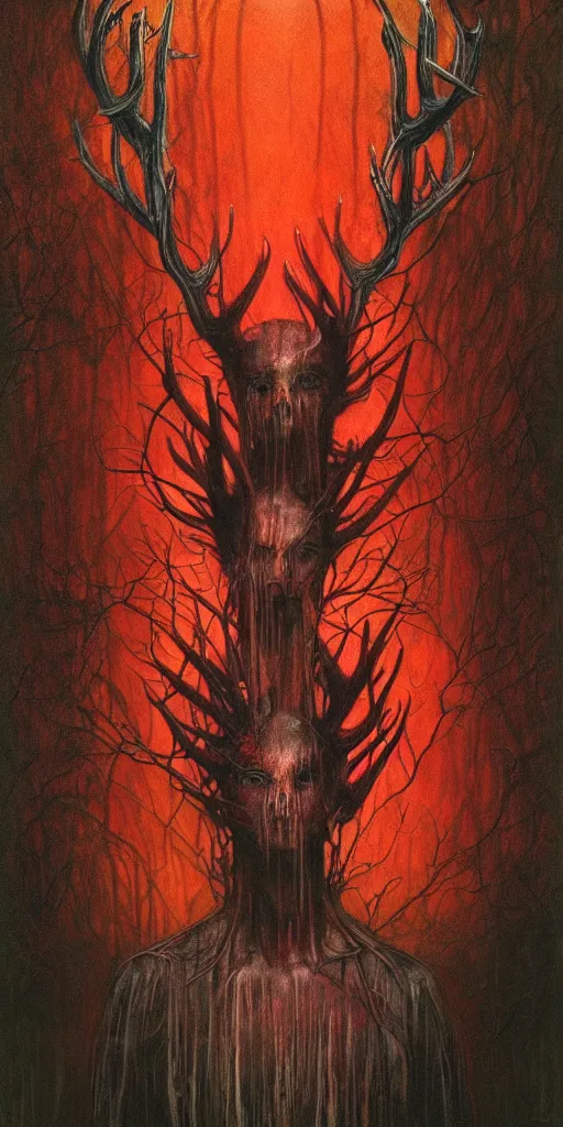 Image similar to intense glowing black metal pagan god with antlers and veins and intense glowing eyes in very dark forest by h r giger and beksinski and alphonse mucha, portrait, fantasy, clear, red and teal and yellow, light beams, lens flare, intense, uhd, amazing depth, cinematic lighting