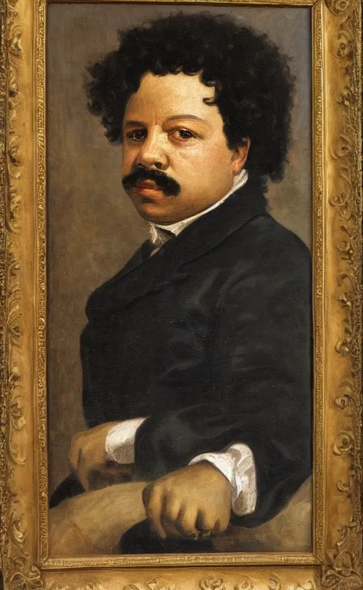 Image similar to Portrait of Alexandre Dumas, oil on canvas, highly detailed, by Delacroix, 8k