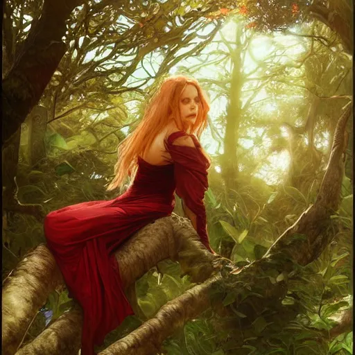 Image similar to portrait of a woman resting on large tree, regal dark red clothing, blonde hair, green lines, sharp focus, intricate, cinematic lighting, smooth, ultra realistic illustration, high fantasy, elegant, by artgerm, greg rutkowski, alphonse mucha magali villeneuve