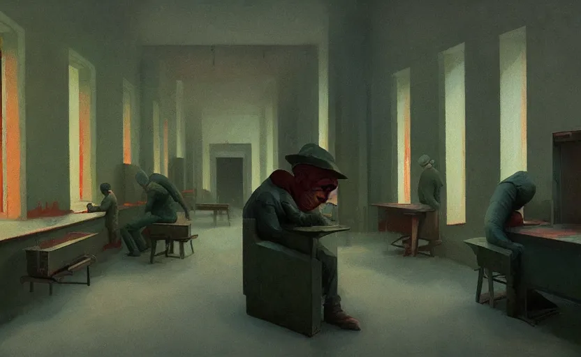 Image similar to Inside Soviet factories gulag, very coherent, painted by Edward Hopper, Wayne Barlowe, painted by James Gilleard, airbrush, art by JamesJean