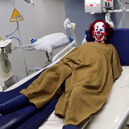 Prompt: clown in four point restraints in hospital bed, nurse preparing medications