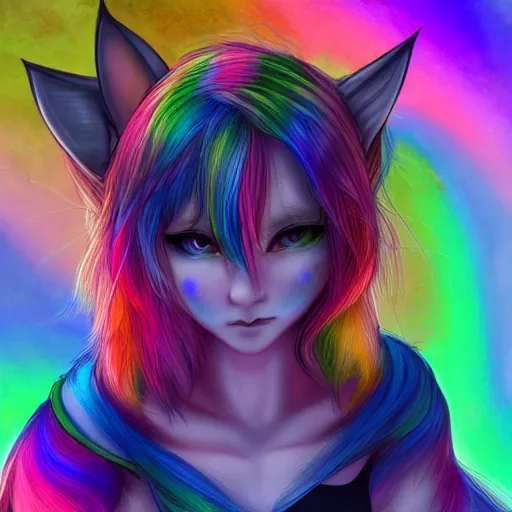 Prompt: catgirl with rainbow hair, digital art, by Yoshitaka Amano, trending on artstation, 4k, highly detailed