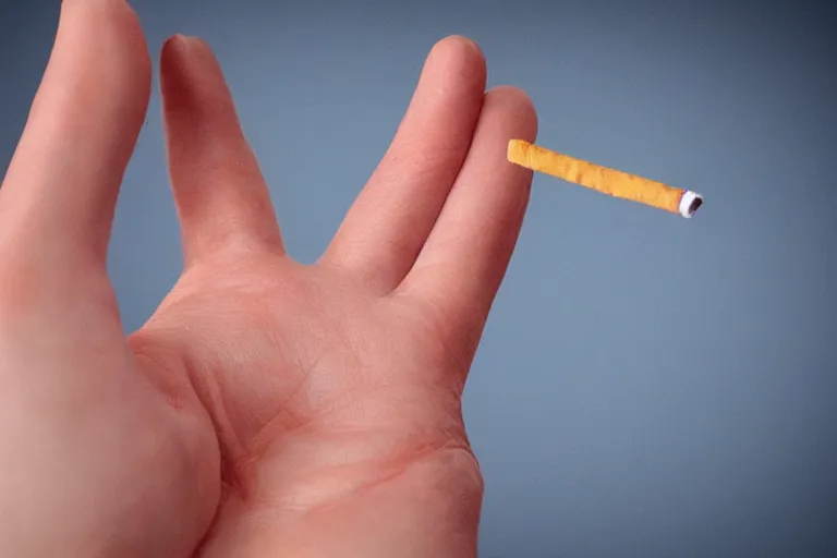 Image similar to thin hand with five 5 fingers holding a cigarette, hyper realistic, highly detailed, photo realistic