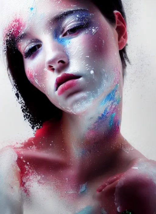 Prompt: beautiful young woman covered in white paint, in the style of irakli nadar, effervescent, warm, dark, watercolor, deep mood, hyperrealism, epic and cinematic,