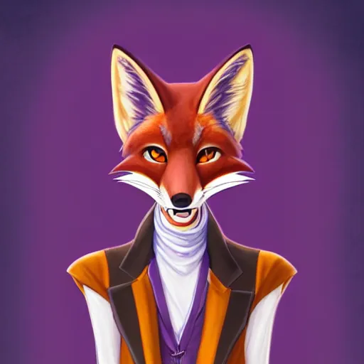 Prompt: don bluth, artgerm, clockpunk anthropomorphic fox girl, purple vest, smiling, symmetrical eyes symmetrical face, bright colorful forest background