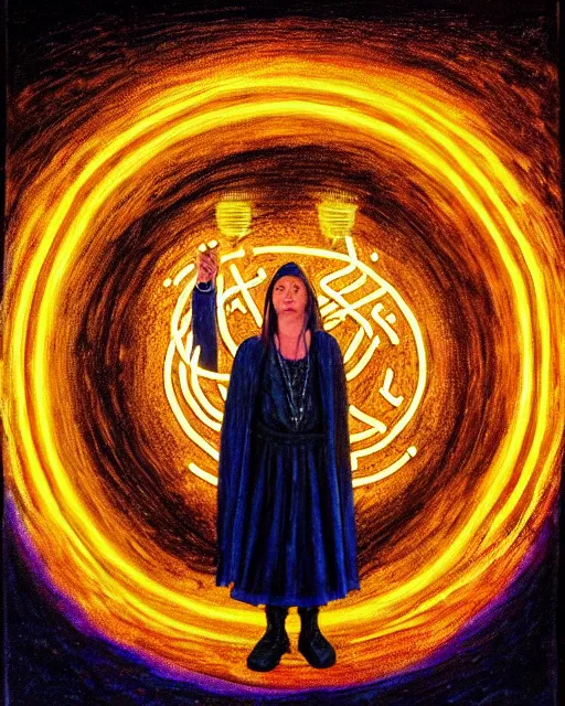 Image similar to acrylic painting of mage reciting an incantation and standing on glowing circular runes in the middle of dark room, high production value, intricate details, high resolution, hyperrealistic, hdr, high definition, masterpiece, ultra realistic, highly detailed, hd, sharp focus, non blurry, sharp, smooth