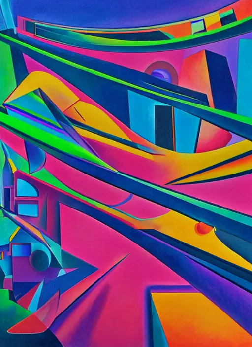 Prompt: A surreal neon painting of Zaha hadid 3d kandinsky cityscape made of cubism futuristic picasso rooms in 3 point perspective by hr giger and Vladimir kush and dali and kandinsky, 3d, realistic shading, complimentary colors, vivid neon colors, aesthetically pleasing composition, masterpiece, 4k, 8k, ultra realistic, super realistic,
