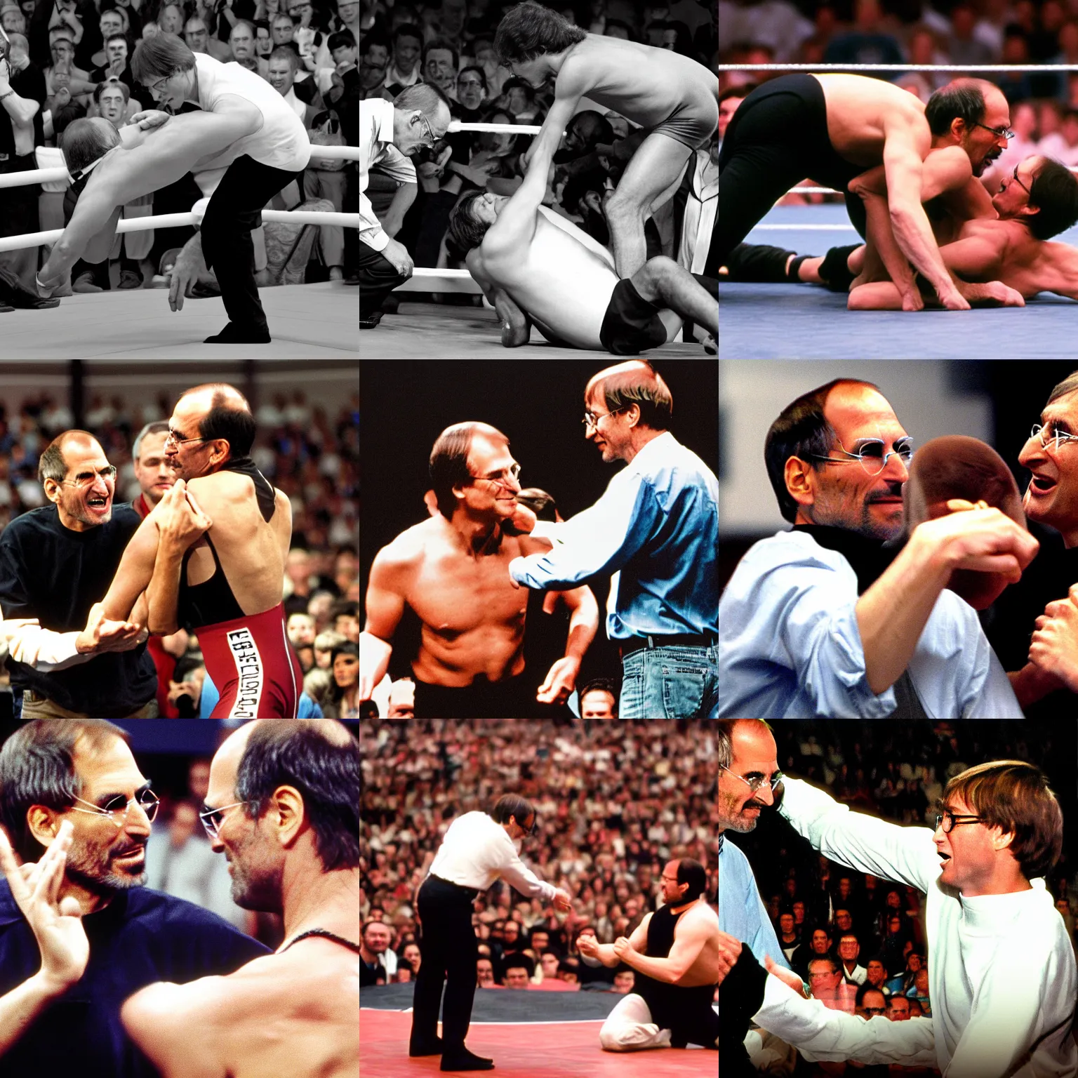 Prompt: steve jobs wrestling and winning against bill gates, wwf high quality photo,