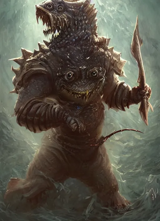 Image similar to cute little anthropomorphic piranha disturber wearing Karrus's shroud, tiny, small, miniature animal, baby animal, short, pale black armor, cute and adorable, pretty, beautiful, DnD character art portrait, matte fantasy painting, DeviantArt Artstation, by Jason Felix by Steve Argyle by Tyler Jacobson by Peter Mohrbacher, cinematic lighting