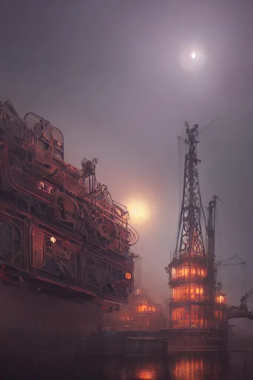 Image similar to a highly detailed matte painting of a soviet steampunk oil rig in fog at night by studio ghibli, makoto shinkai, by artgerm, by wlop, by greg rutkowski, volumetric lighting, octane render, 4 k resolution, trending on artstation, masterpiece